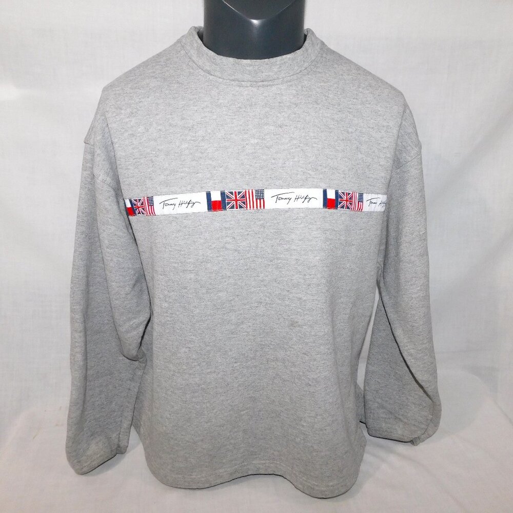 VTG 90s Tommy Hilfiger Mens M Gray Flags Spellout Strip Crew neck Sweatshirt